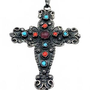 Vintage TAXCO Mexico Pendant Sterling Silver Cross Southwestern Coral Turquoise